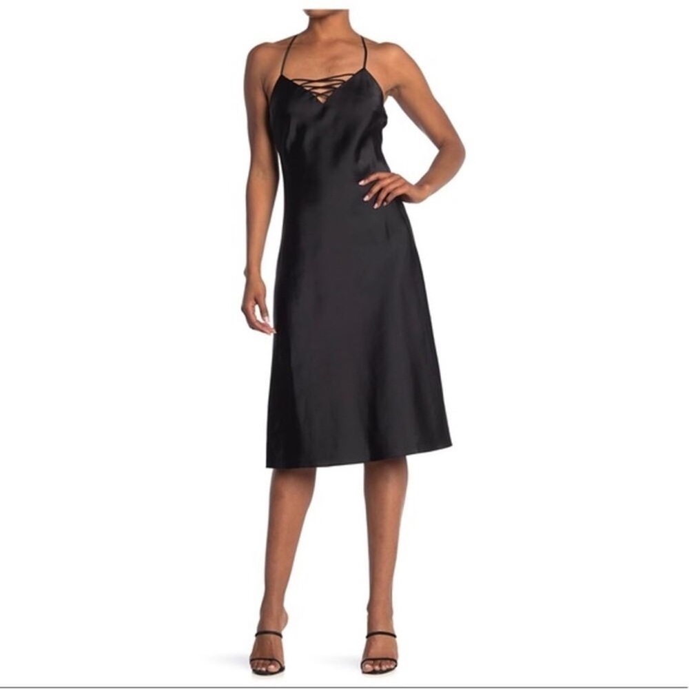Good American Dress Satin Chemise Midi with Lace-Up Detail Chic Black Large - Picture 5 of 13